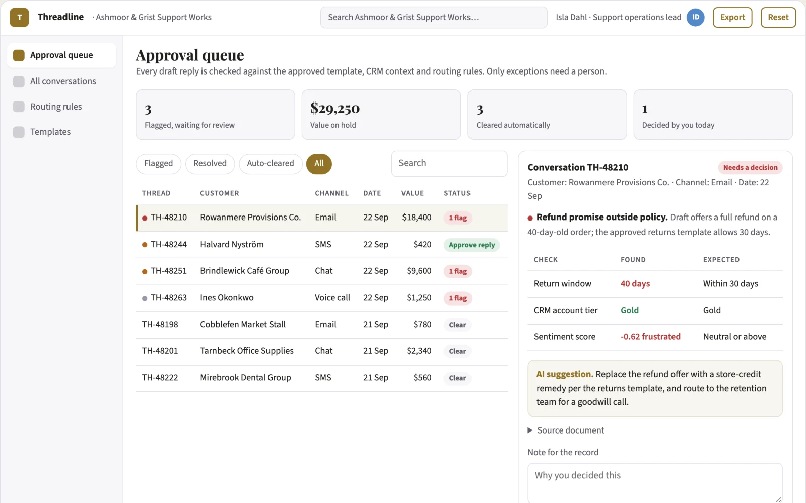 Screenshot of the Multi-channel support conversation coordination portal interactive demo