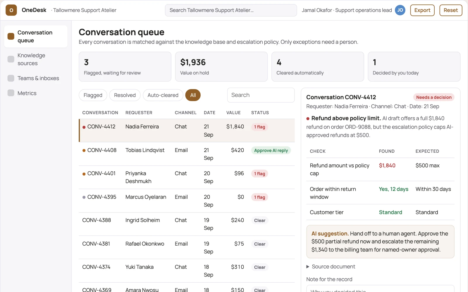 Screenshot of the Multi-channel support conversation operations portal interactive demo