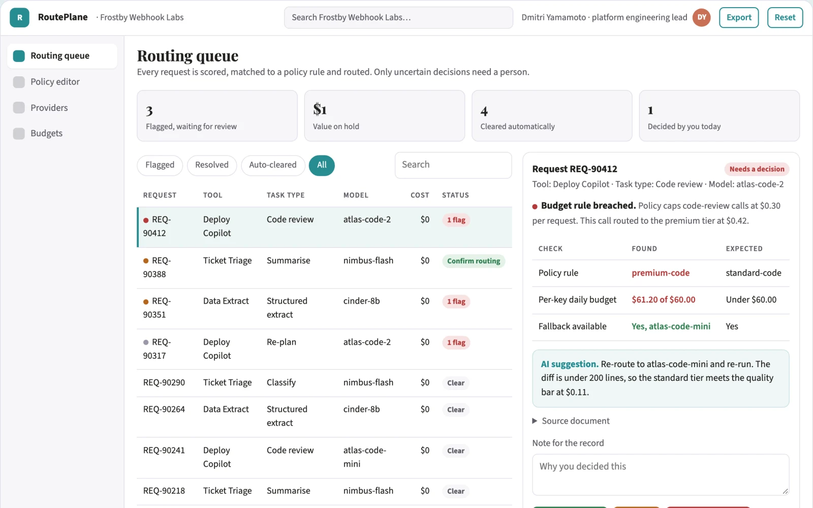 Screenshot of the Multi-model AI request routing control plane interactive demo
