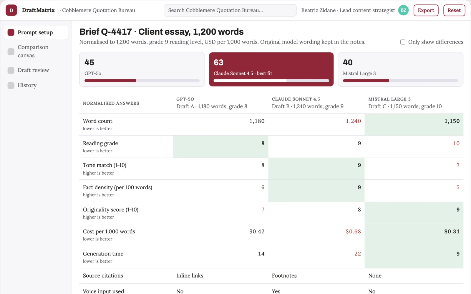 Screenshot of the Multi-model writing comparison and clarification workspace interactive demo