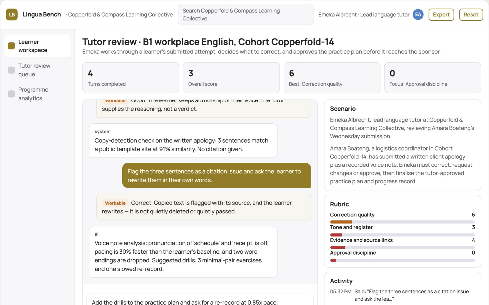 Screenshot of the Multi-skill language practice and coaching workbench interactive demo