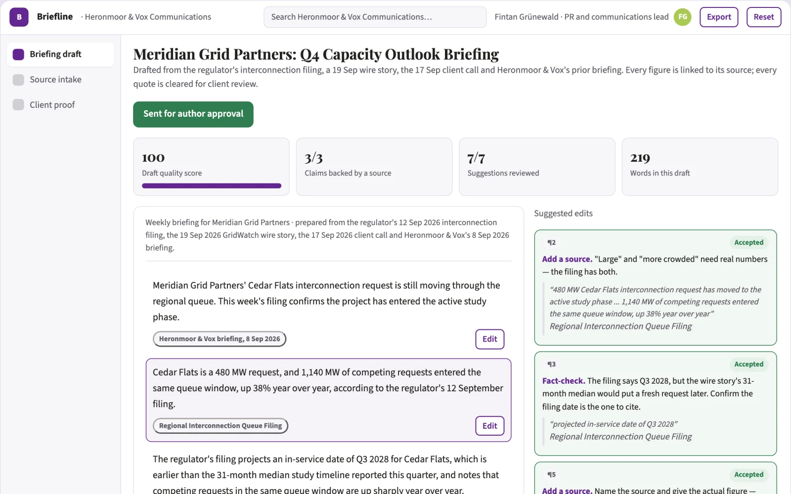 Screenshot of the Multi-source editorial briefing and publishing workspace interactive demo