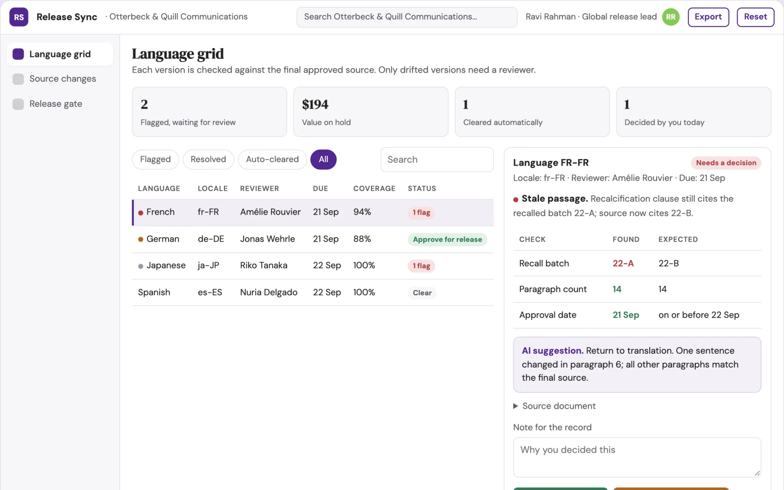 Screenshot of the Multilingual announcement release synchronizer interactive demo