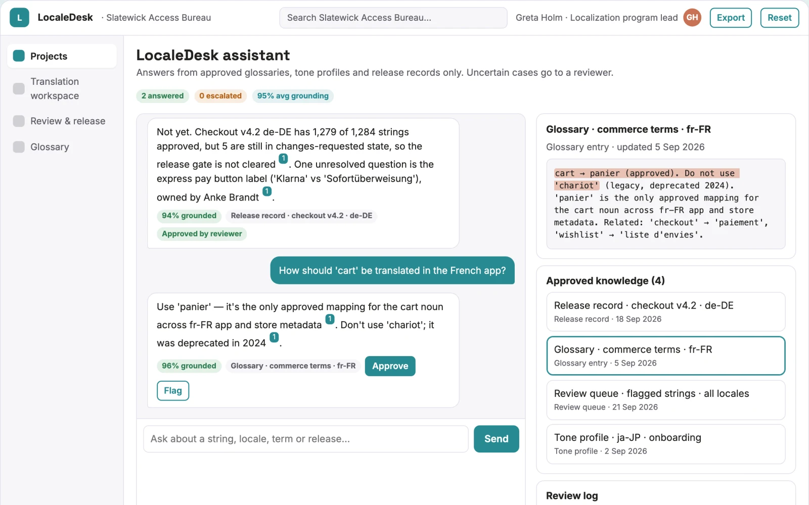 Screenshot of the Multilingual app content translation and review portal interactive demo
