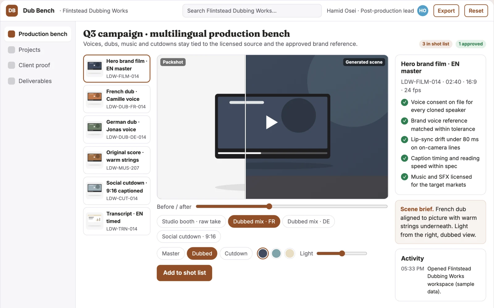Screenshot of the Multilingual audio-video production and dubbing workbench interactive demo