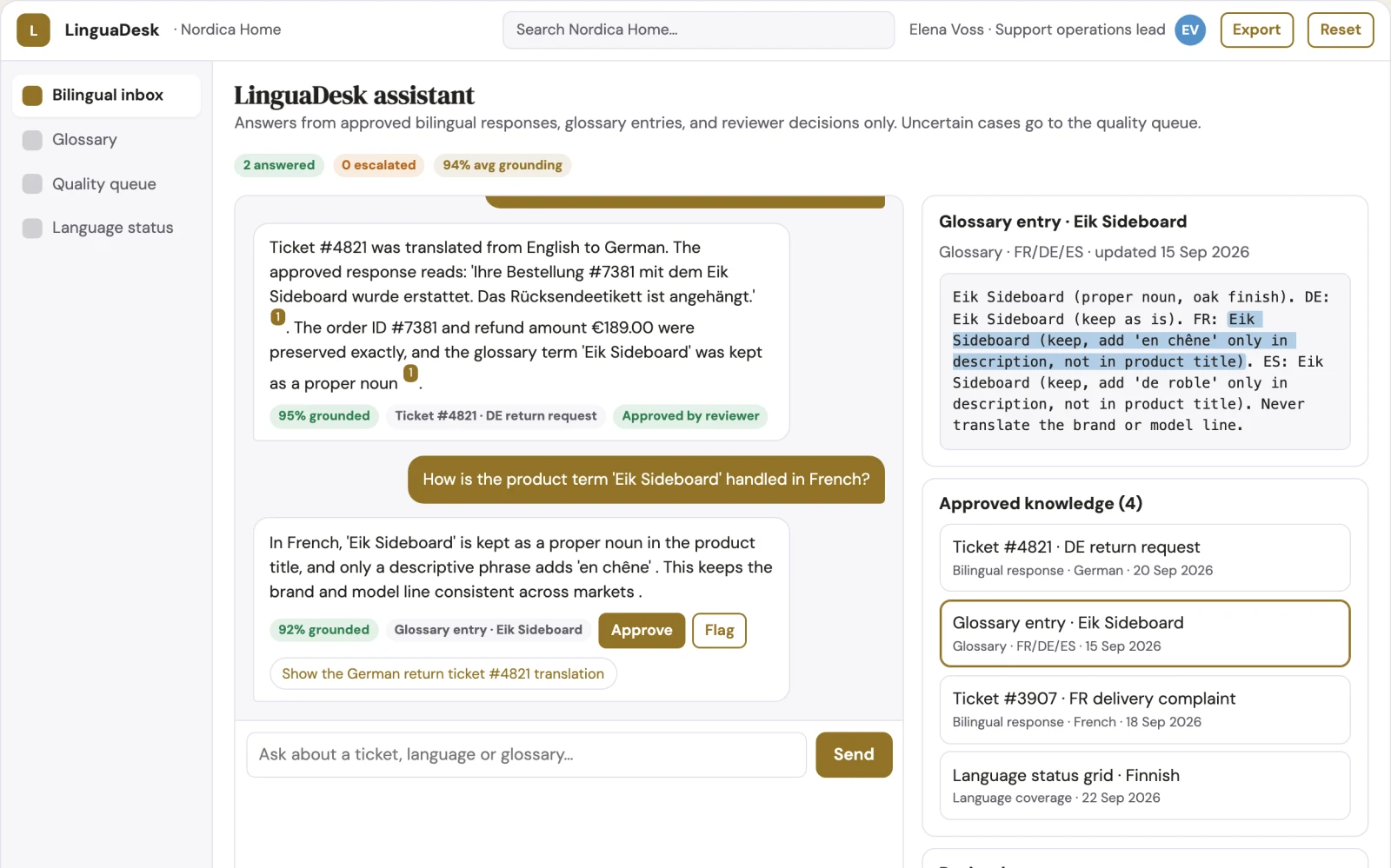 Demo screen of Multilingual help desk service