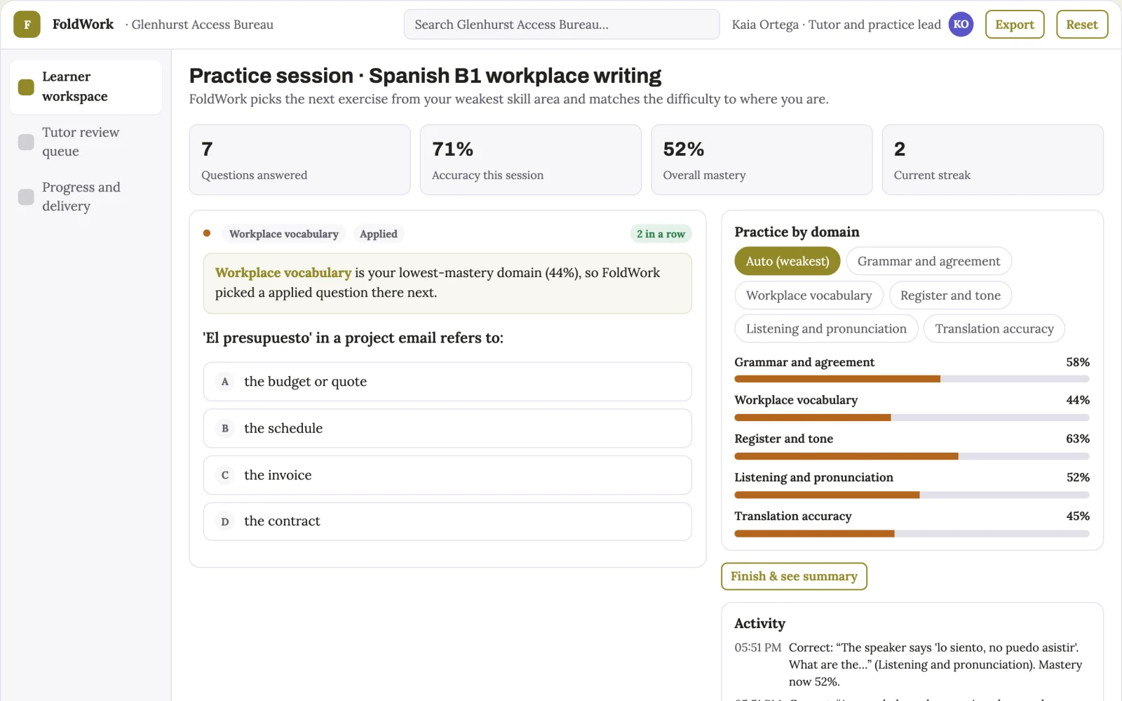 Screenshot of the Multilingual practice and translation workbench interactive demo