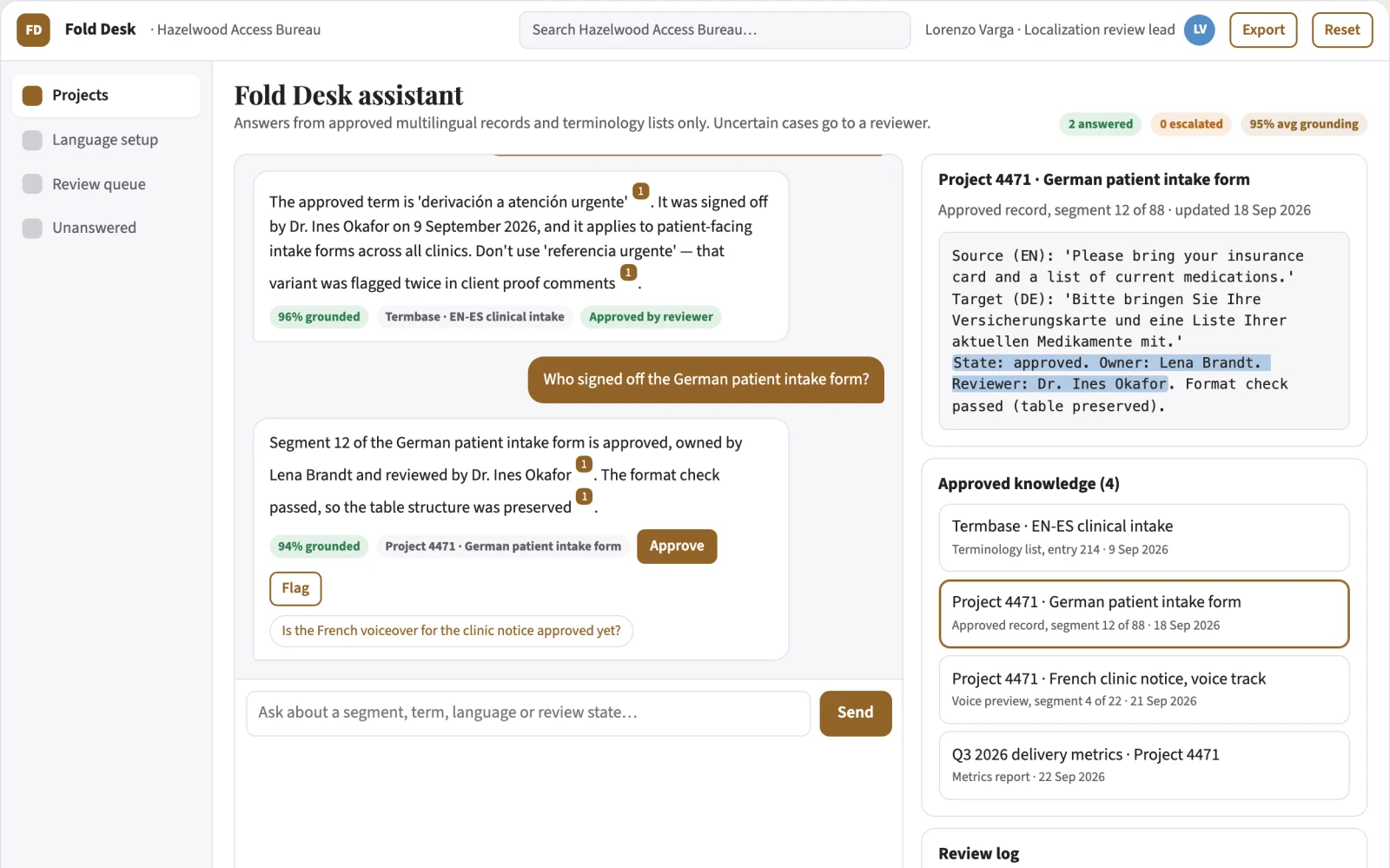 Screenshot of the Multilingual production and review portal interactive demo