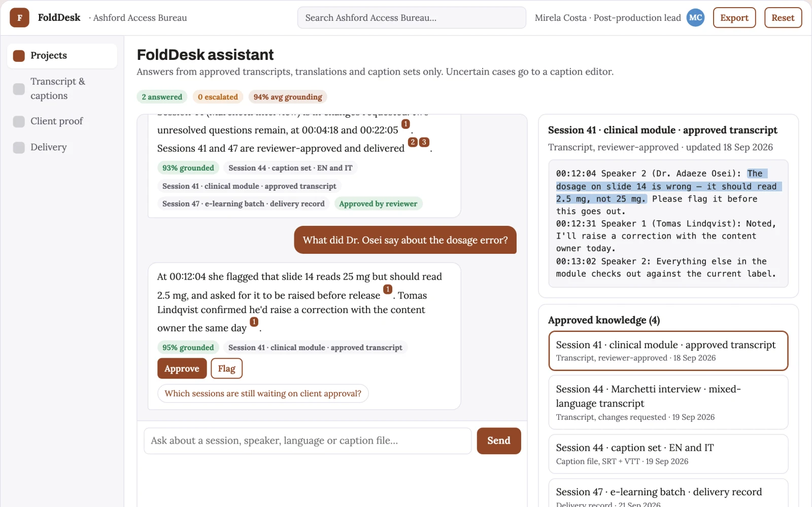Screenshot of the Multilingual recording transcript and caption workbench interactive demo
