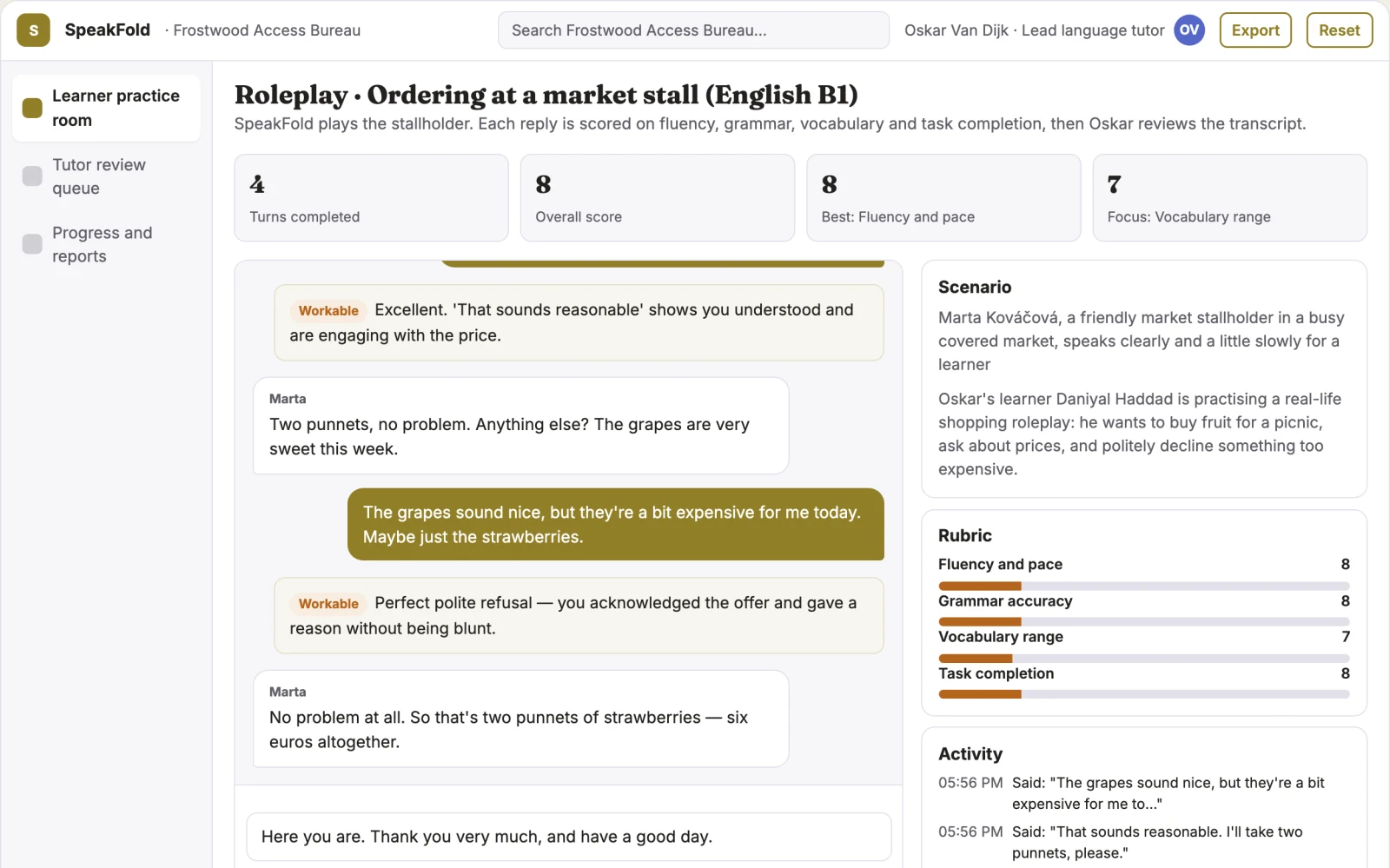 Screenshot of the Multilingual speaking and writing practice studio interactive demo