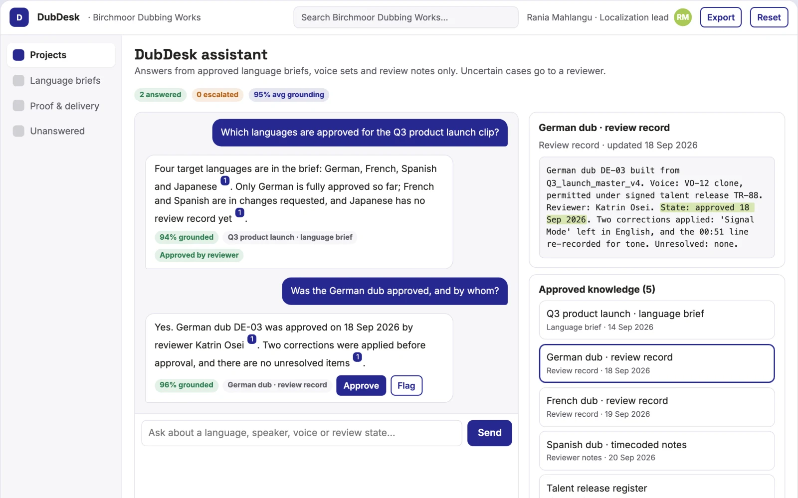 Screenshot of the Multilingual video dubbing and review portal interactive demo