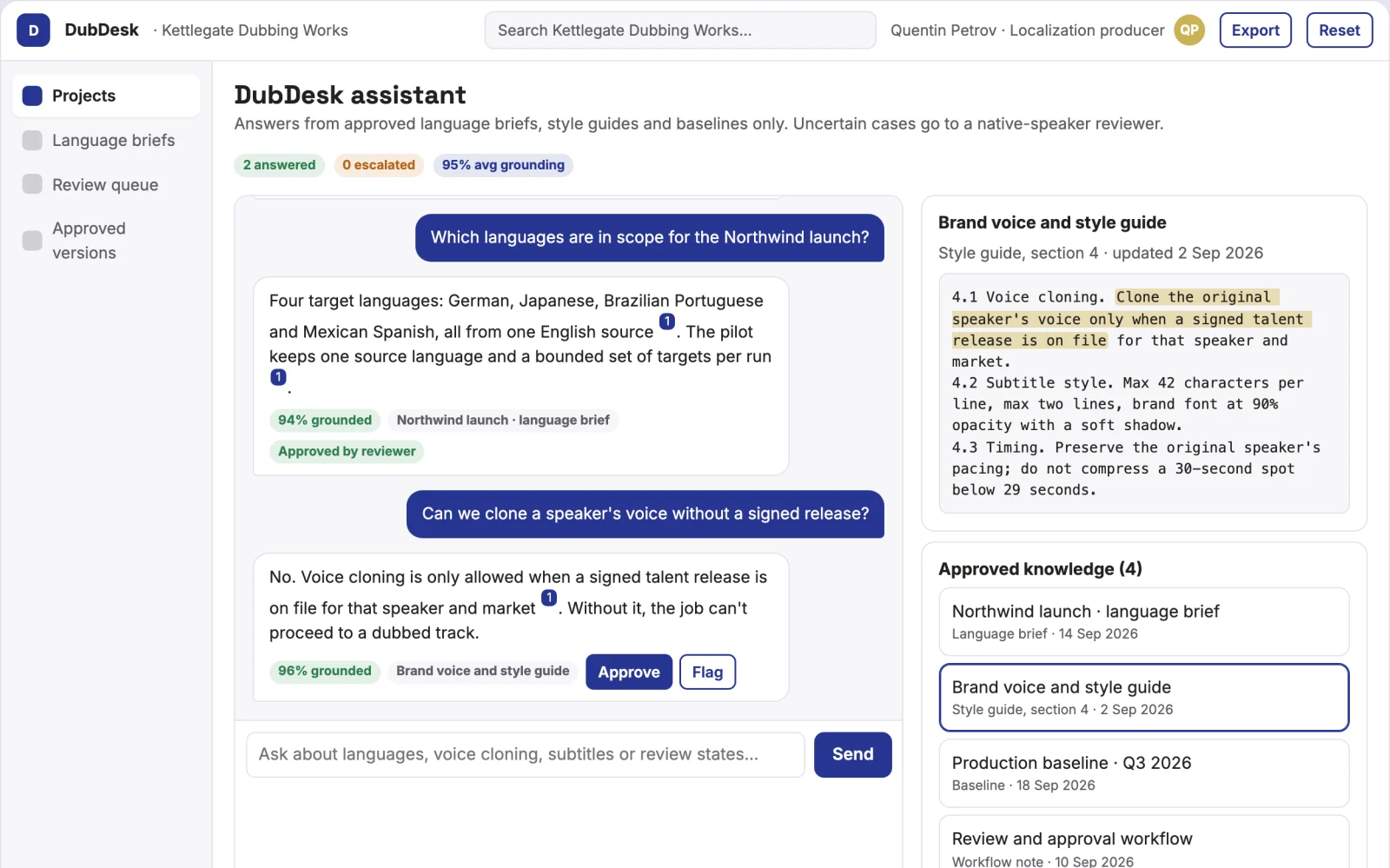 Screenshot of the Multilingual video dubbing and review portal interactive demo
