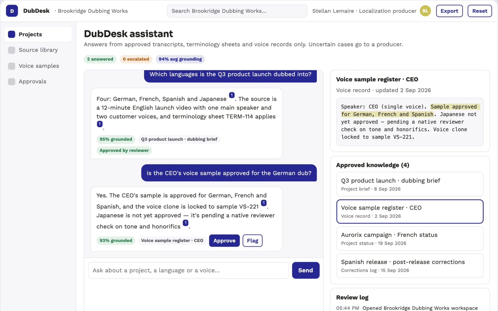 Screenshot of the Multilingual voice-preserving video dubbing portal interactive demo