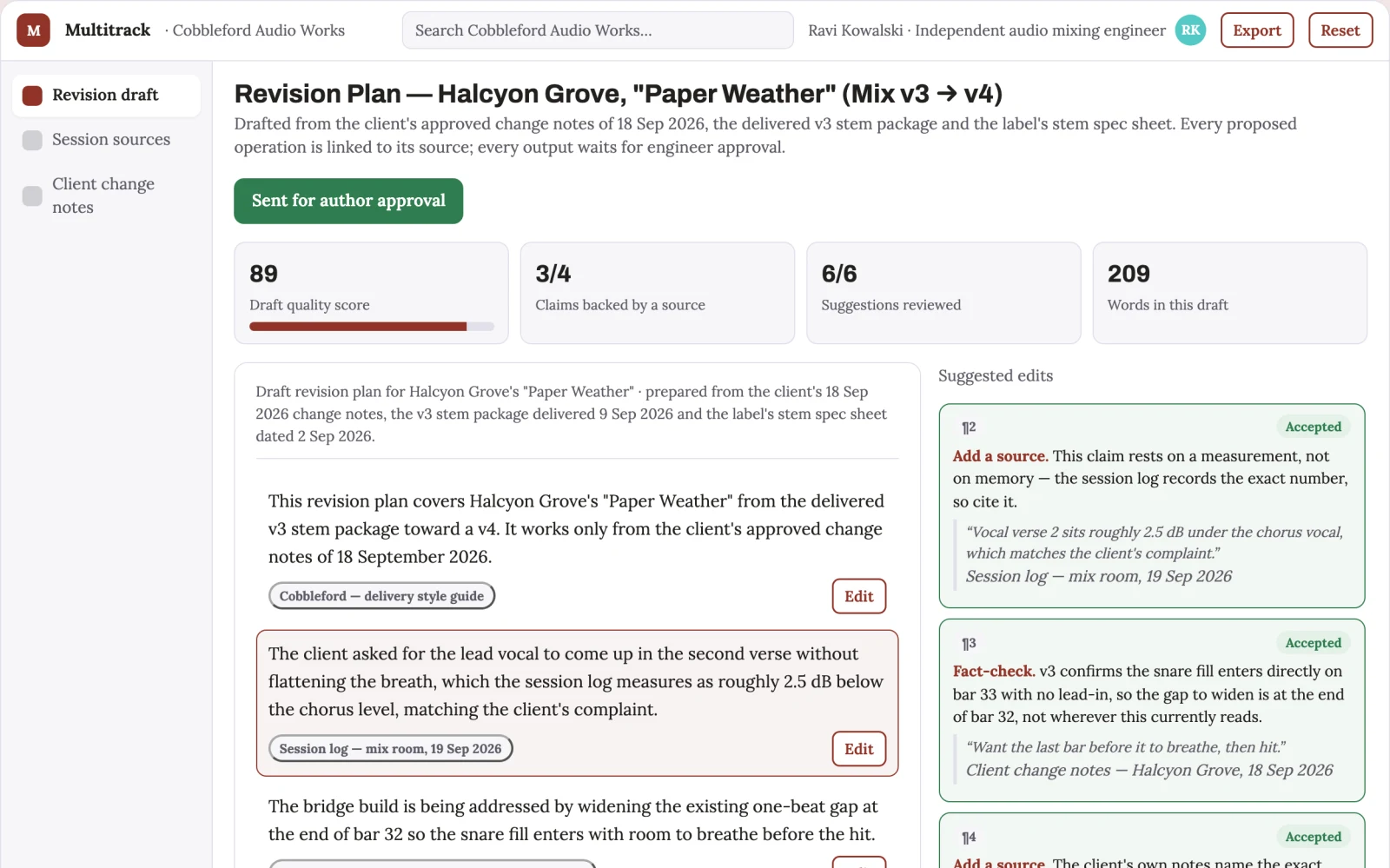 Screenshot of the Multitrack revision execution studio interactive demo