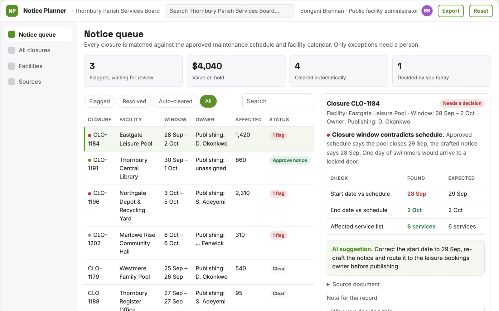 Screenshot of the Municipal maintenance notice planner interactive demo