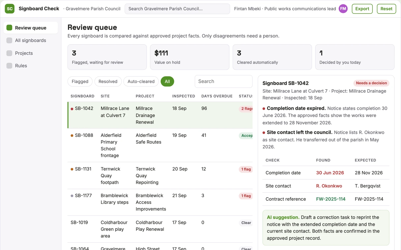 Screenshot of the Municipal project signboard verifier interactive demo