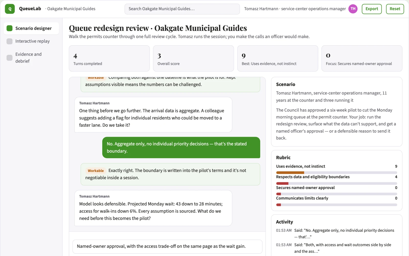 Screenshot of the Municipal service queue redesign simulator interactive demo