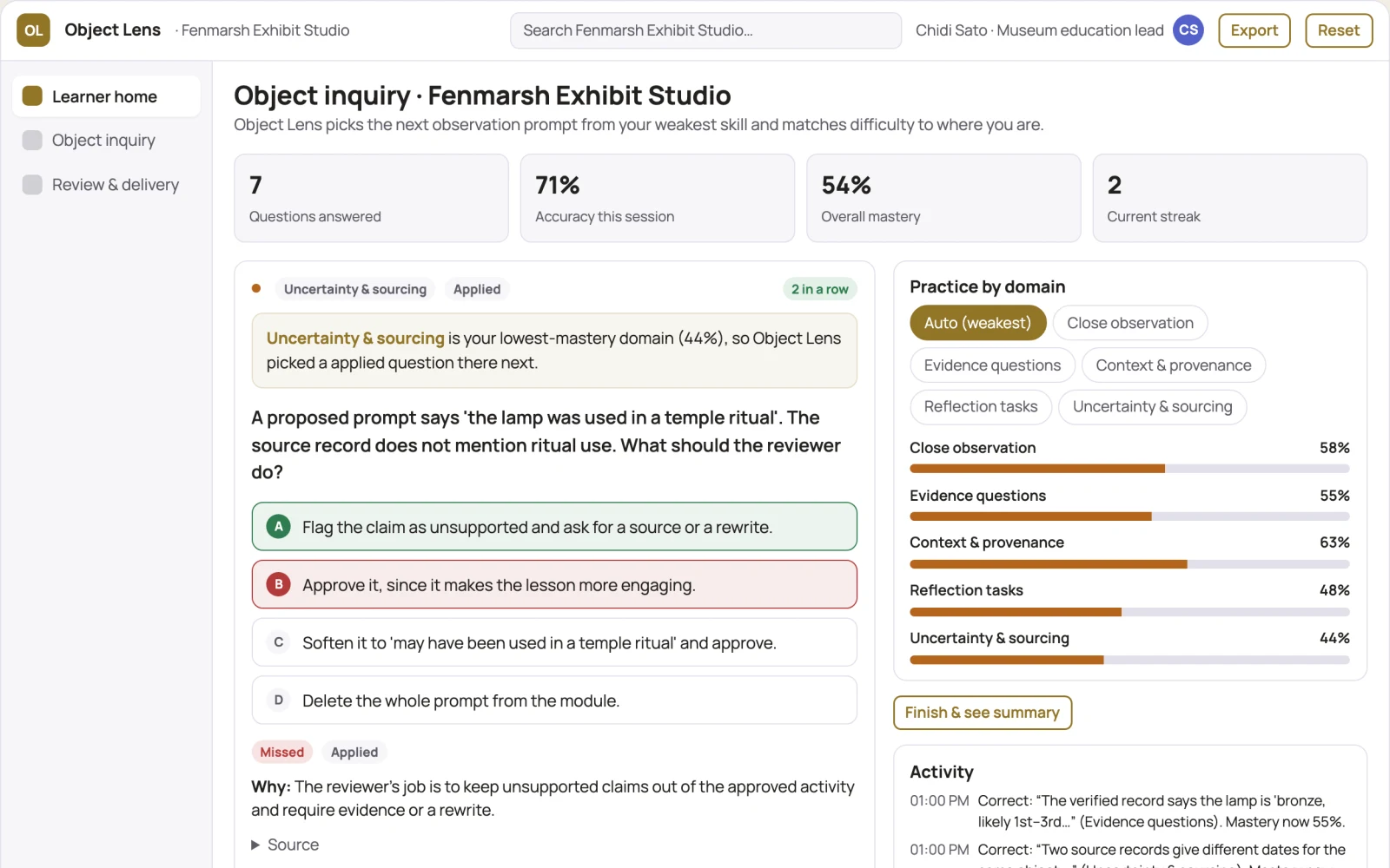 Screenshot of the Museum object inquiry tutor interactive demo