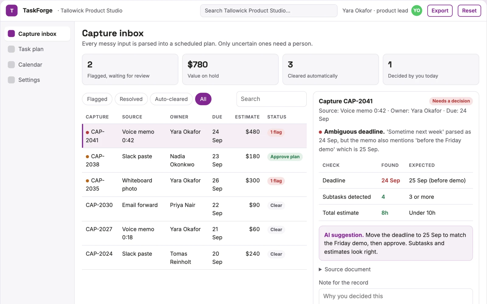 Screenshot of the Natural-language task capture and scheduling portal interactive demo