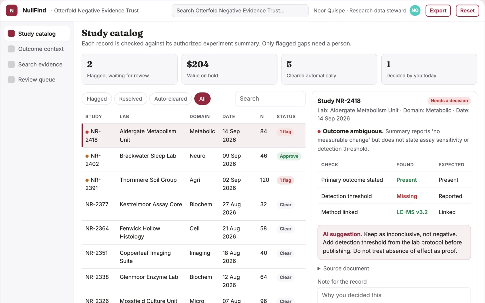 Screenshot of the Negative-result study archive interactive demo