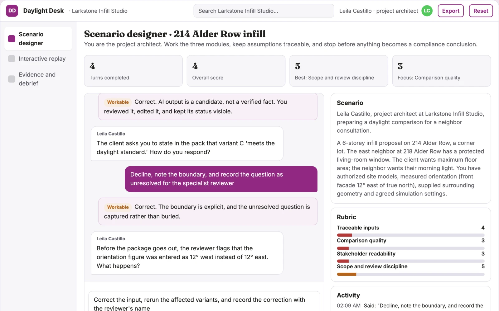 Screenshot of the Neighbor daylight scenario workspace interactive demo