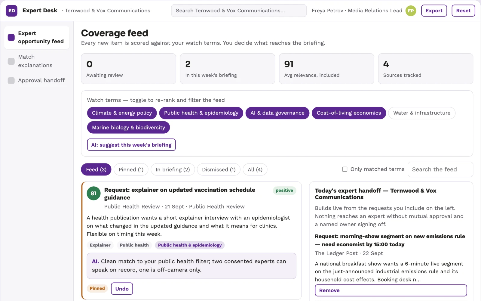 Screenshot of the Newsroom expert availability exchange interactive demo