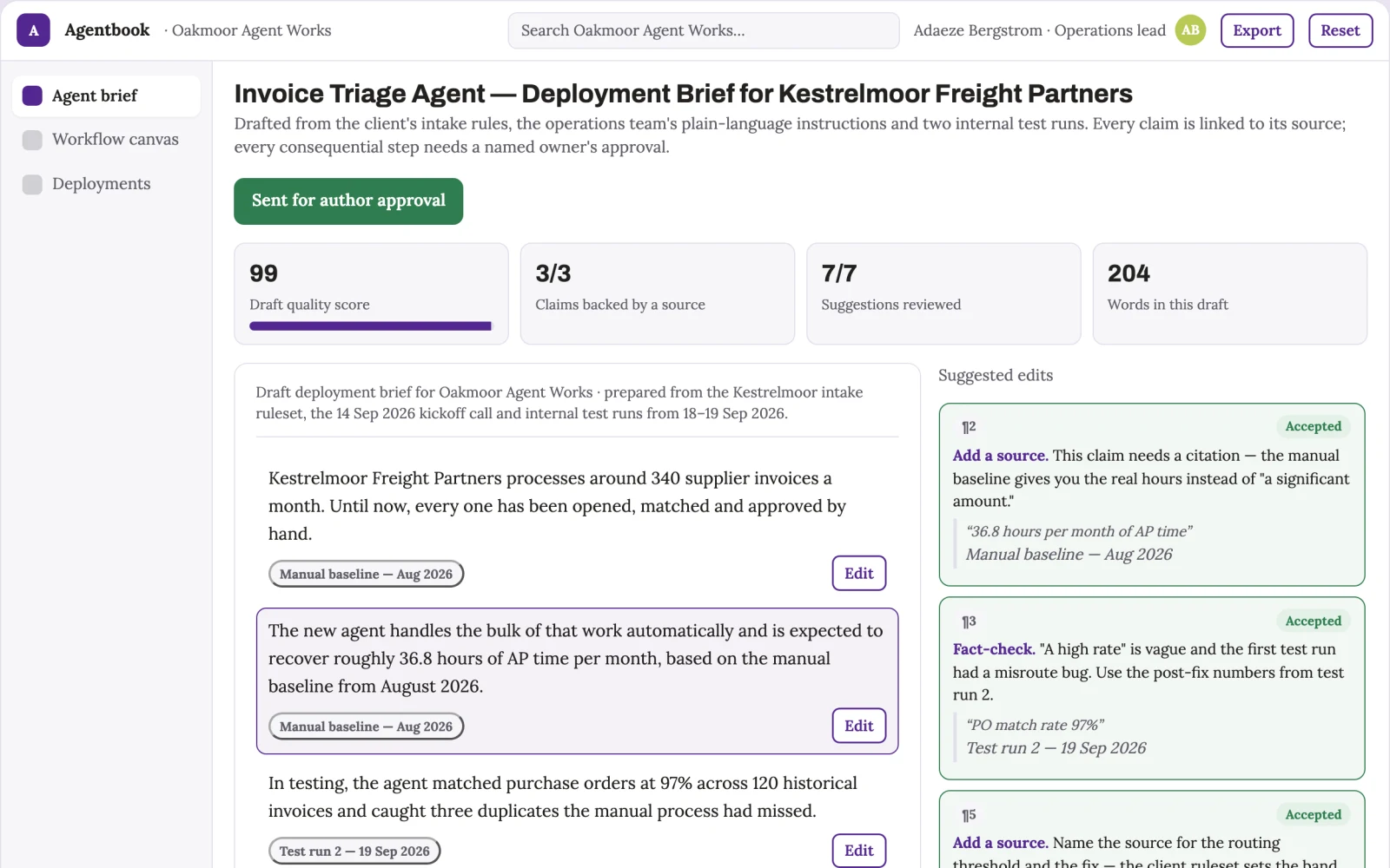 Screenshot of the No-code agent build and deployment workspace interactive demo