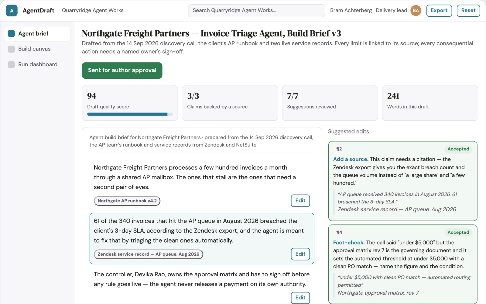 Screenshot of the No-code AI agent delivery workspace interactive demo