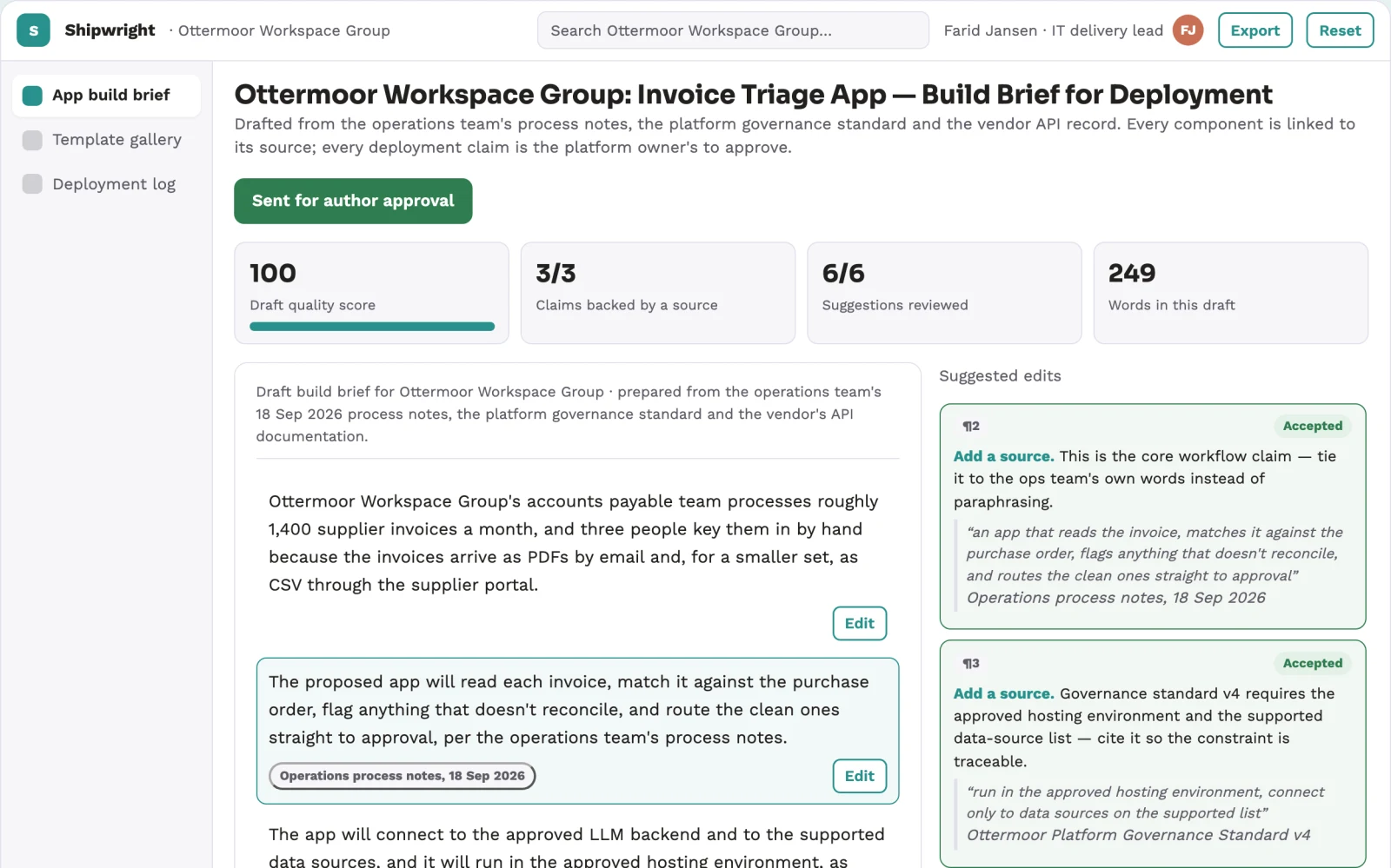 Screenshot of the No-code AI application delivery workspace interactive demo