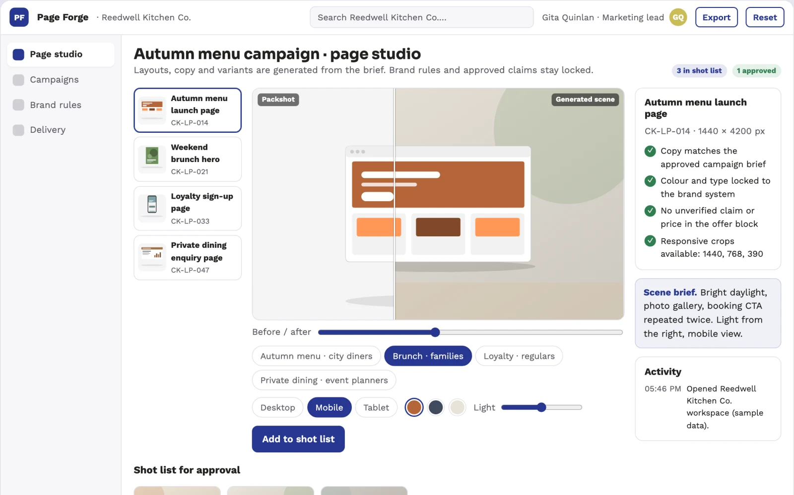 Screenshot of the No-code AI landing page production workbench interactive demo