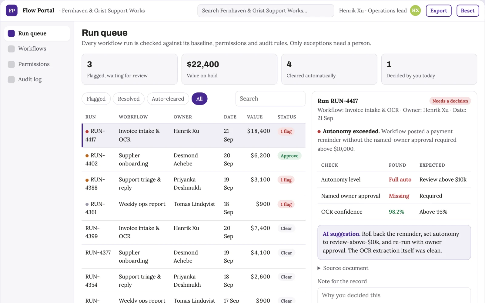 Screenshot of the No-code AI workflow operations portal interactive demo
