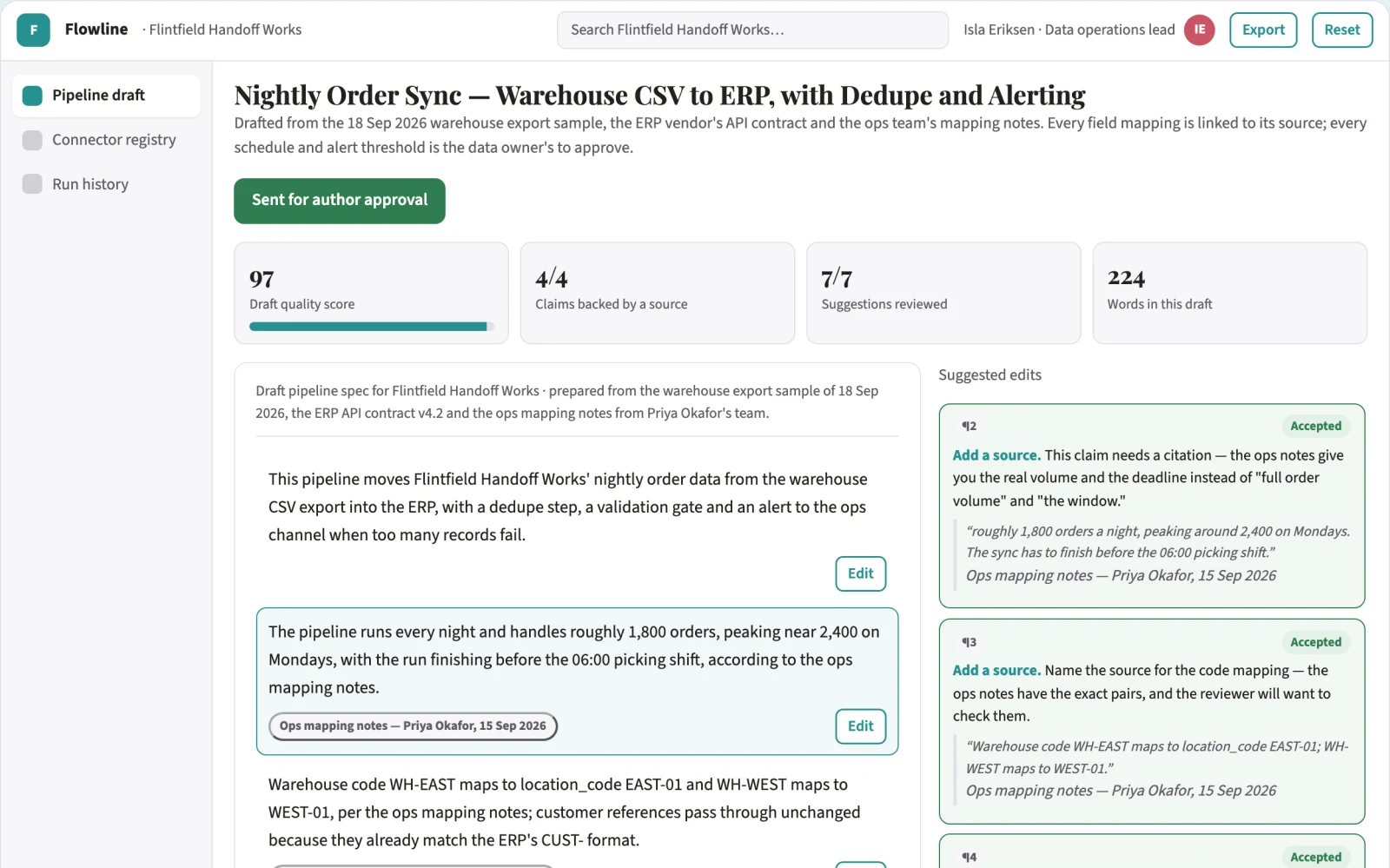 Screenshot of the No-code data pipeline delivery workspace interactive demo