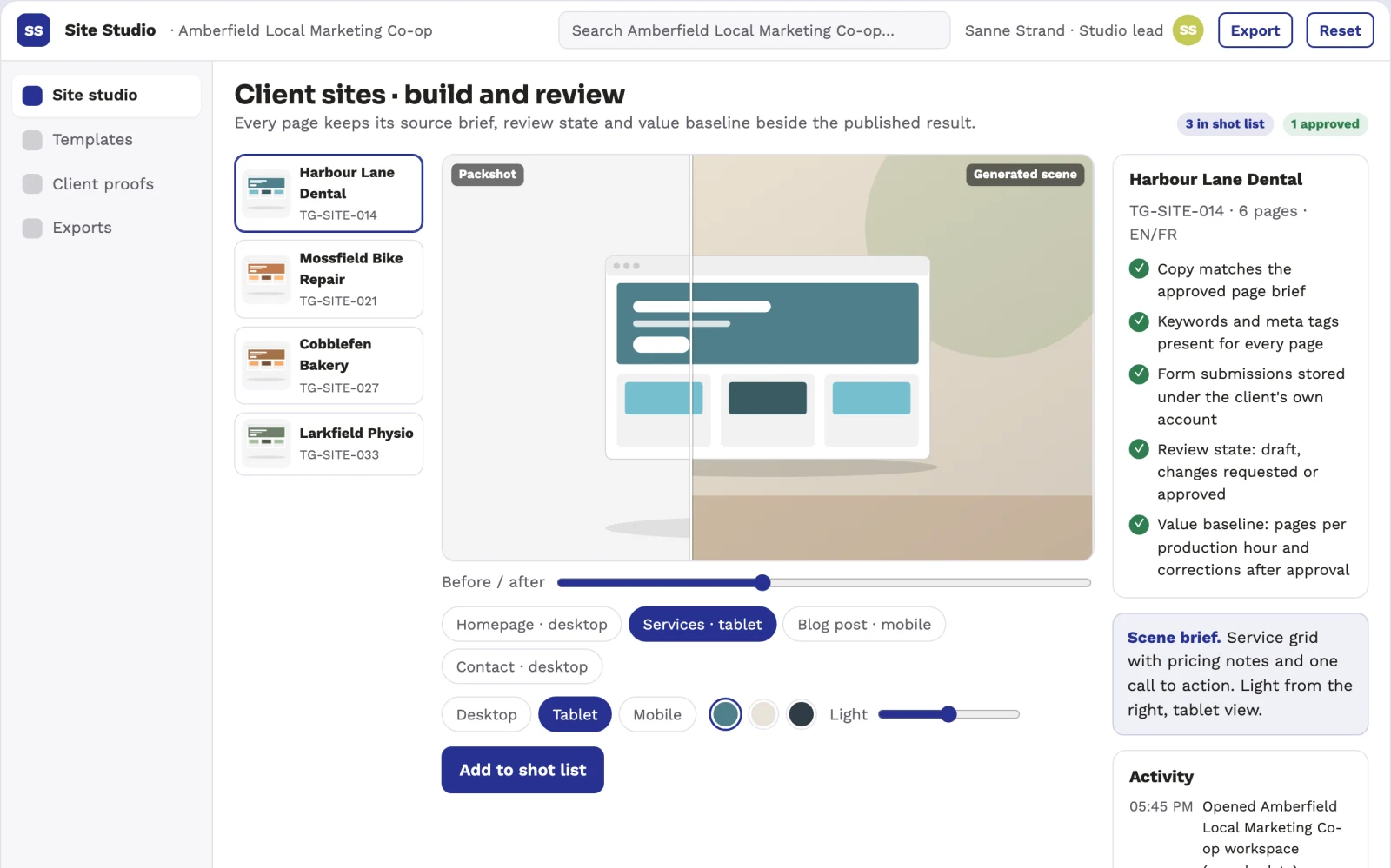 Screenshot of the No-code website build and creative review platform interactive demo