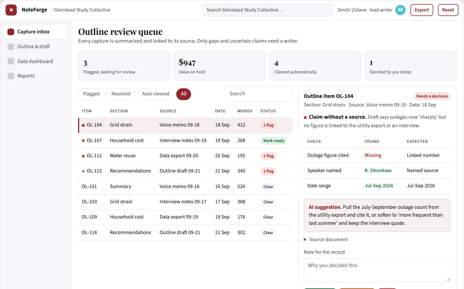 Screenshot of the Notes-to-report knowledge workbench interactive demo