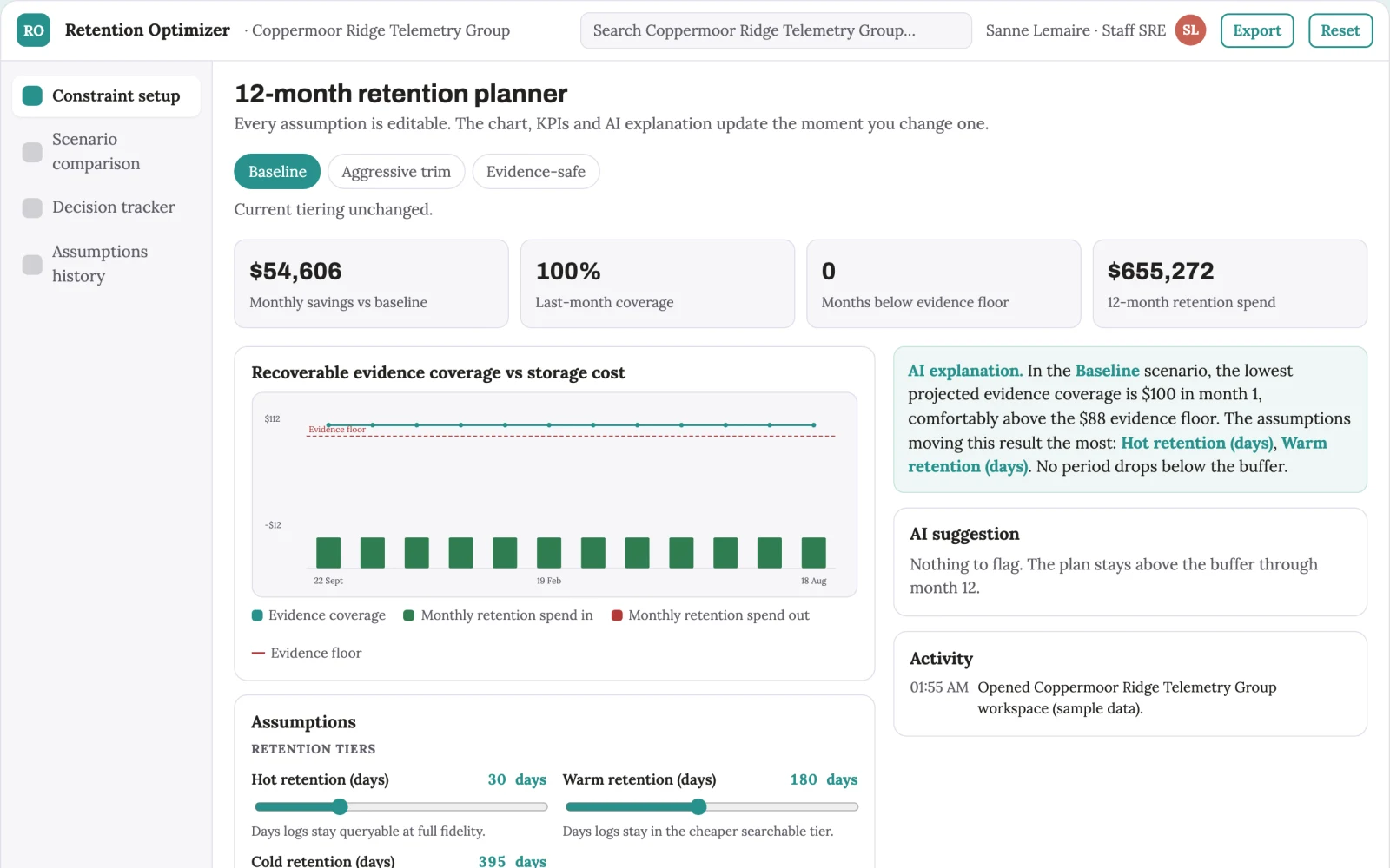 Screenshot of the Observability retention optimizer interactive demo