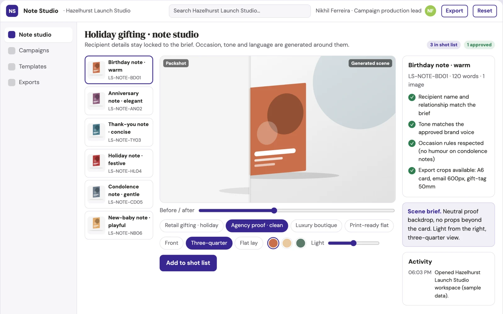 Screenshot of the Occasion message and gift note production studio interactive demo