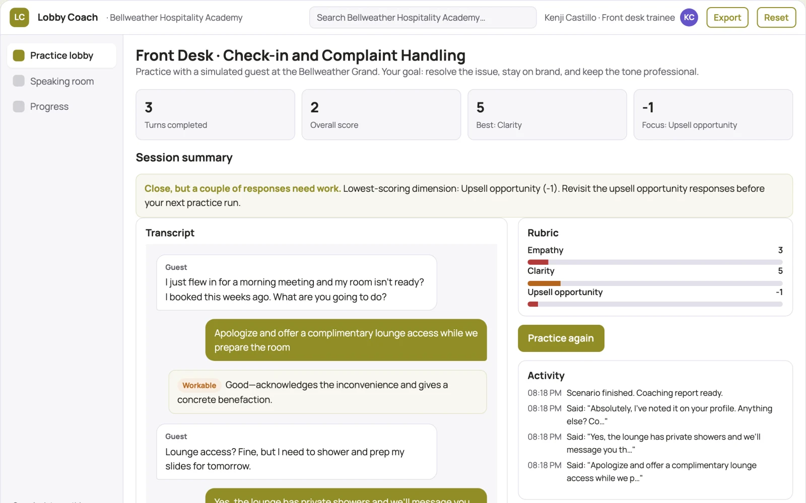Demo screen of Occupation-specific language tutor