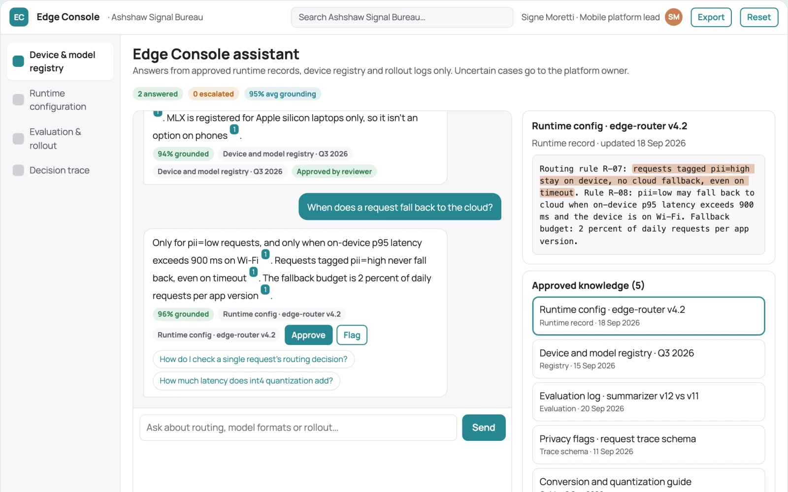 Screenshot of the On-device multimodal model runtime console interactive demo