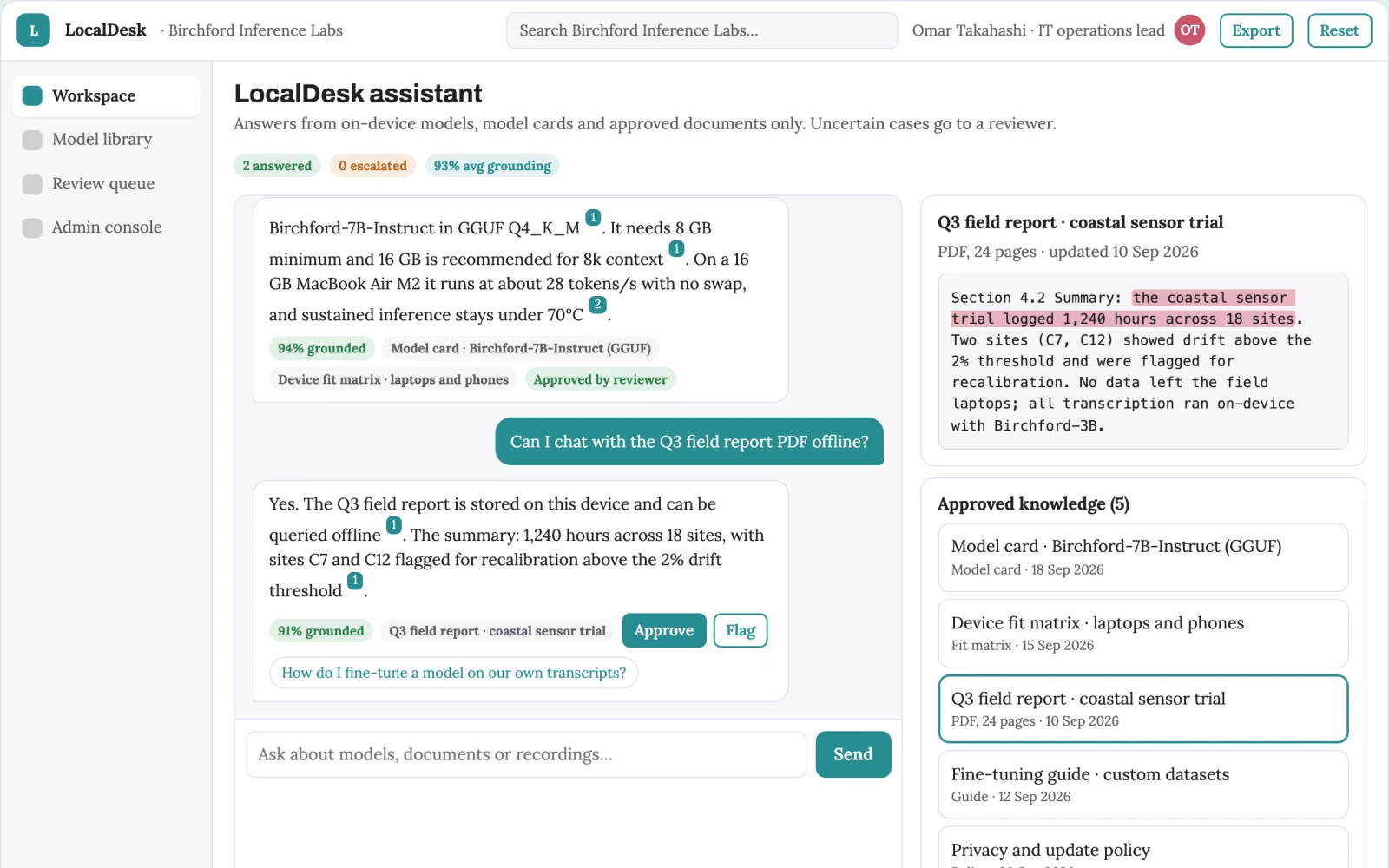 Screenshot of the On-device private model workspace interactive demo