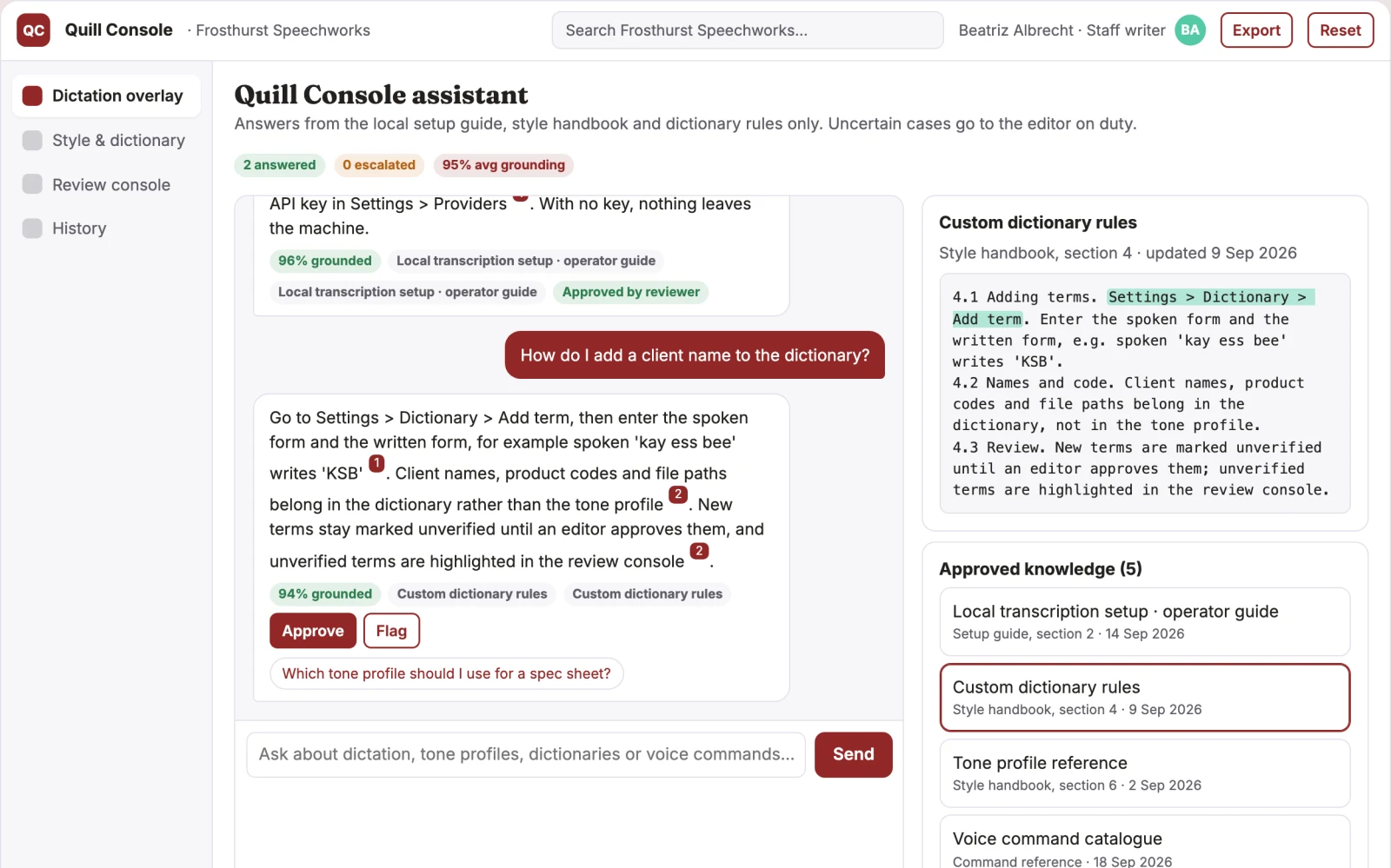 Screenshot of the On-device voice-to-text writing console interactive demo