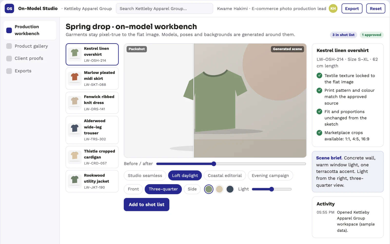 Screenshot of the On-model apparel photo production workbench interactive demo