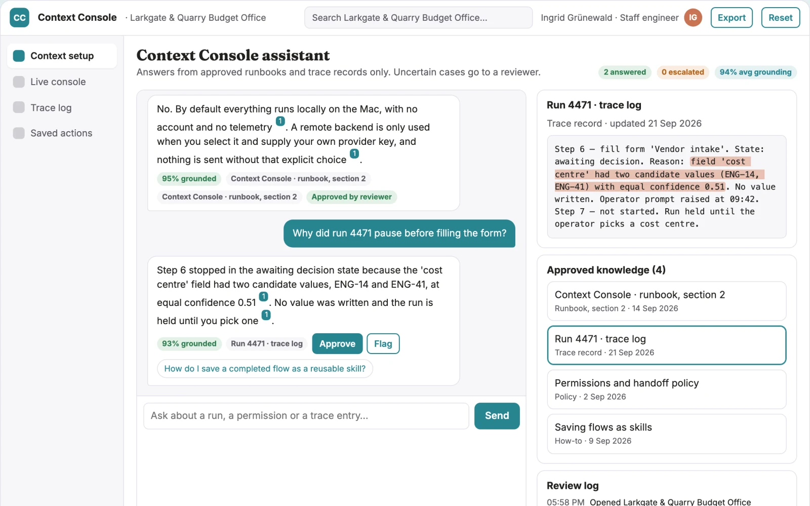 Screenshot of the On-screen context assistant console interactive demo