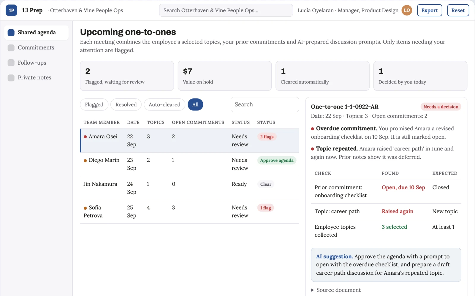 Demo screen of One-to-one preparation tool