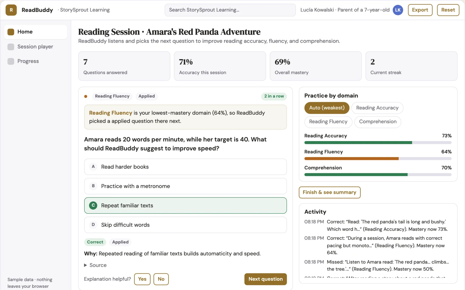 Demo screen of Personal AI Tutor