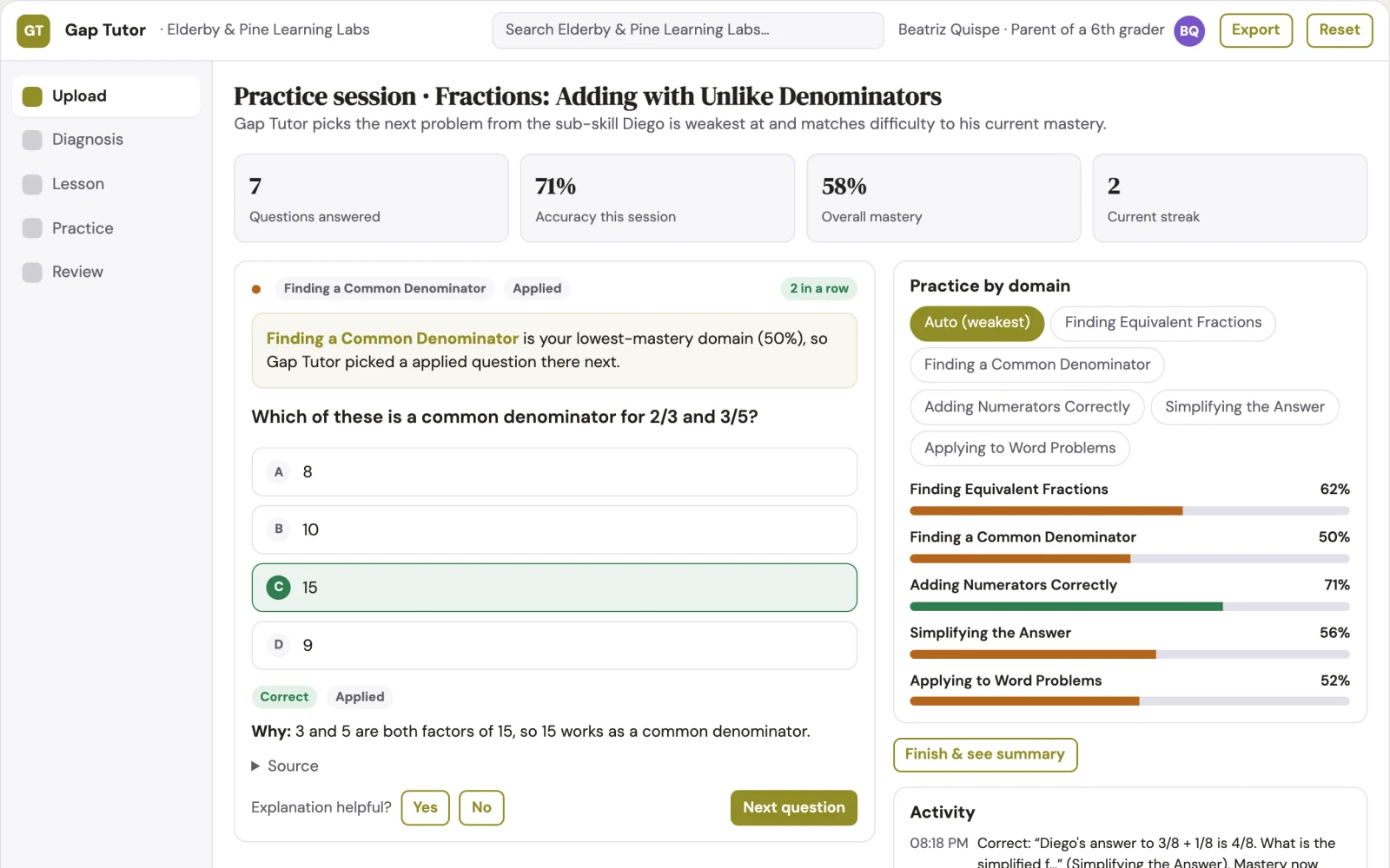 Demo screen of Gap Tutor