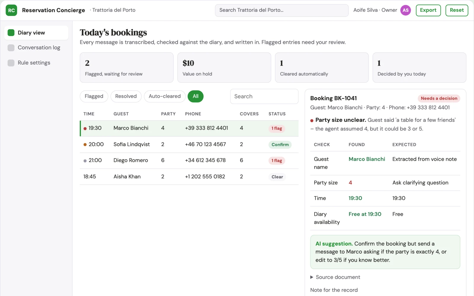 Demo screen of Reservation Concierge Agent