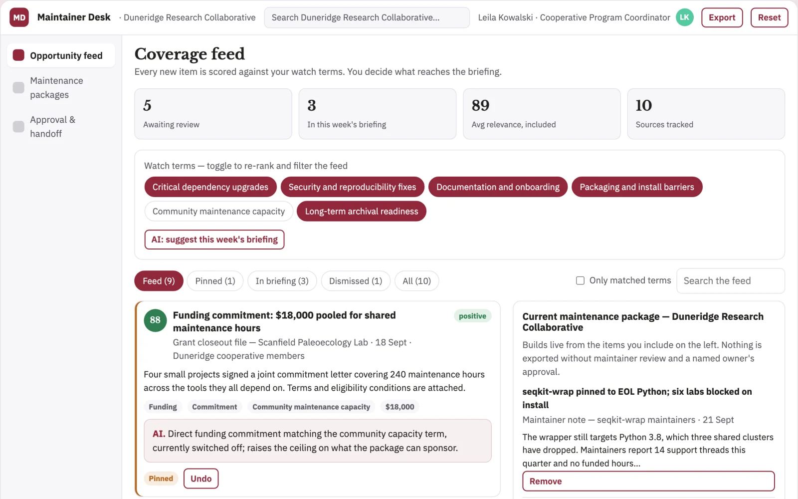 Screenshot of the Open research software maintenance cooperative interactive demo