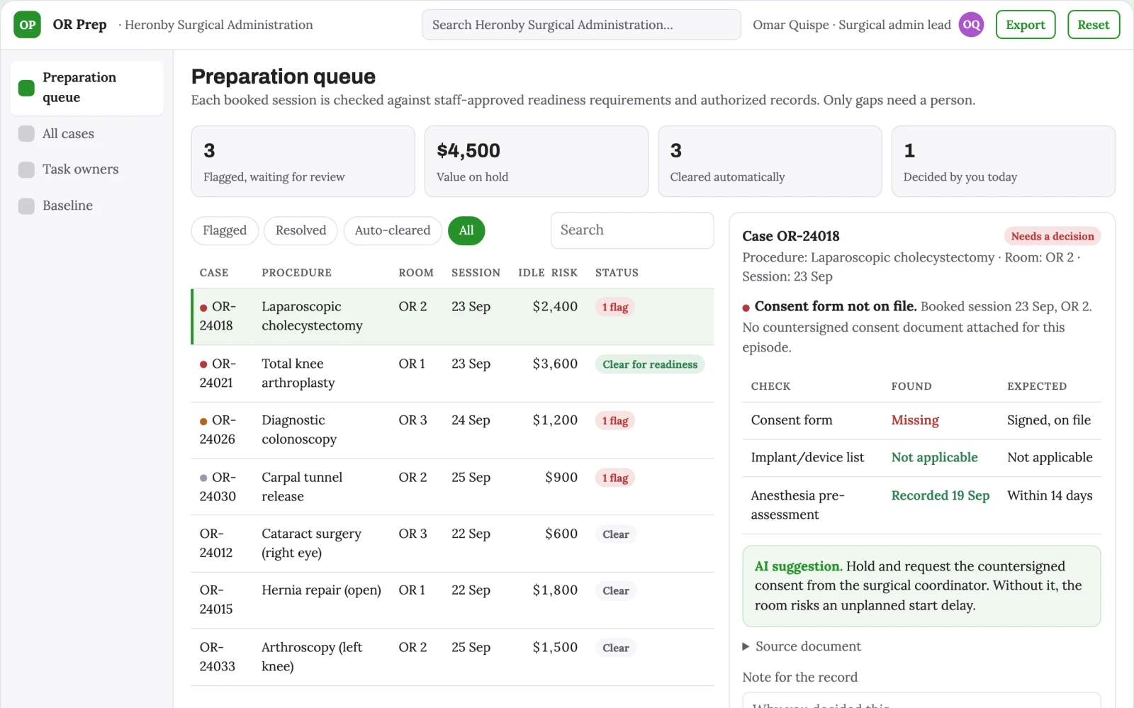 Screenshot of the Operating-room administrative readiness accelerator interactive demo