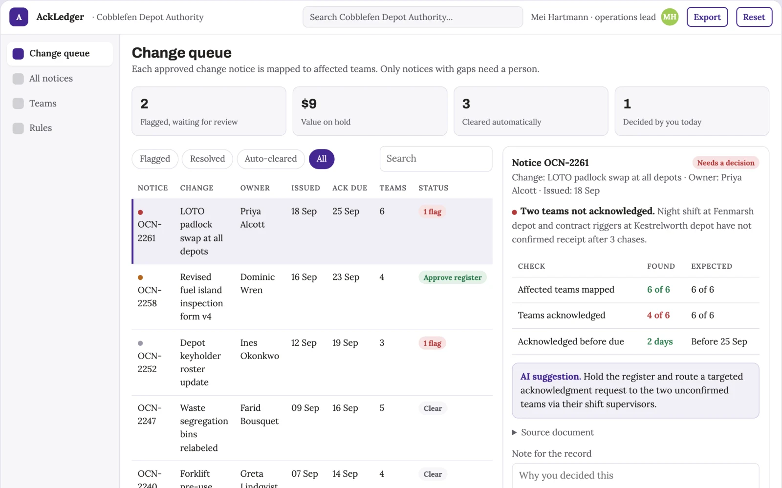 Screenshot of the Operational change notice acknowledgment interactive demo