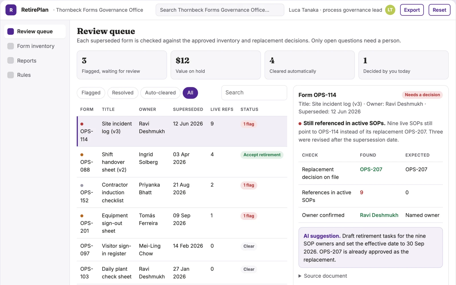 Screenshot of the Operational forms retirement planner interactive demo